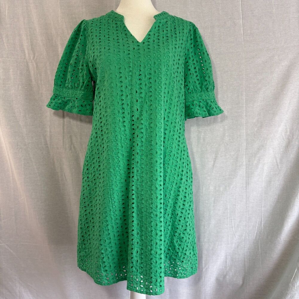 Merokeety Green Cotton Eyelet Dress M Puff Sleeve Pockets